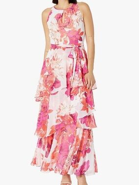 Tahari Floral Tiered Halter Maxi Dress - Pink Floral